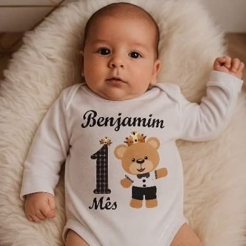 Roupinha de Bebe Body Mesversário Menino Manga Longa Ursinho Príncipe Personalizado com o Nome