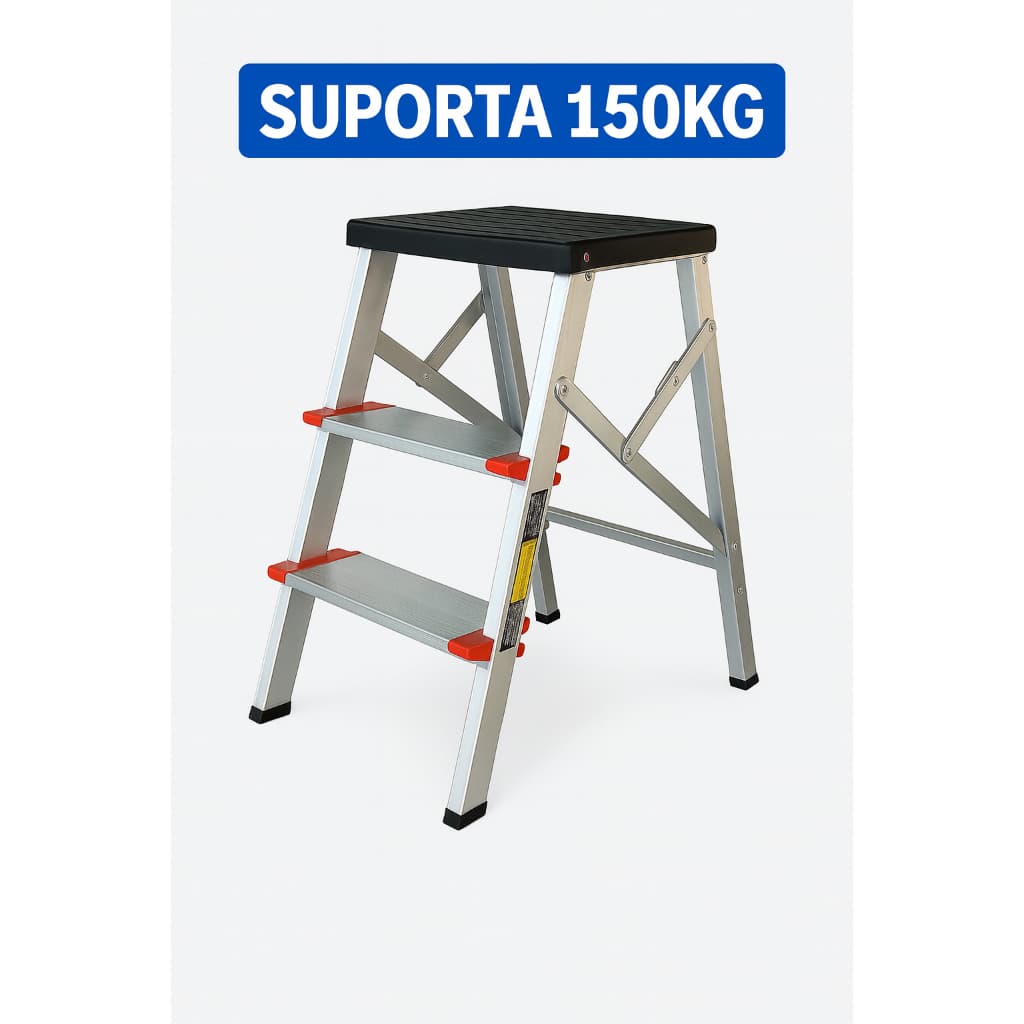 Escada Banqueta 3 Degraus P/ 150kg Dobrável Anti Derrapante Em Alumínio Resistente Trava Segurança