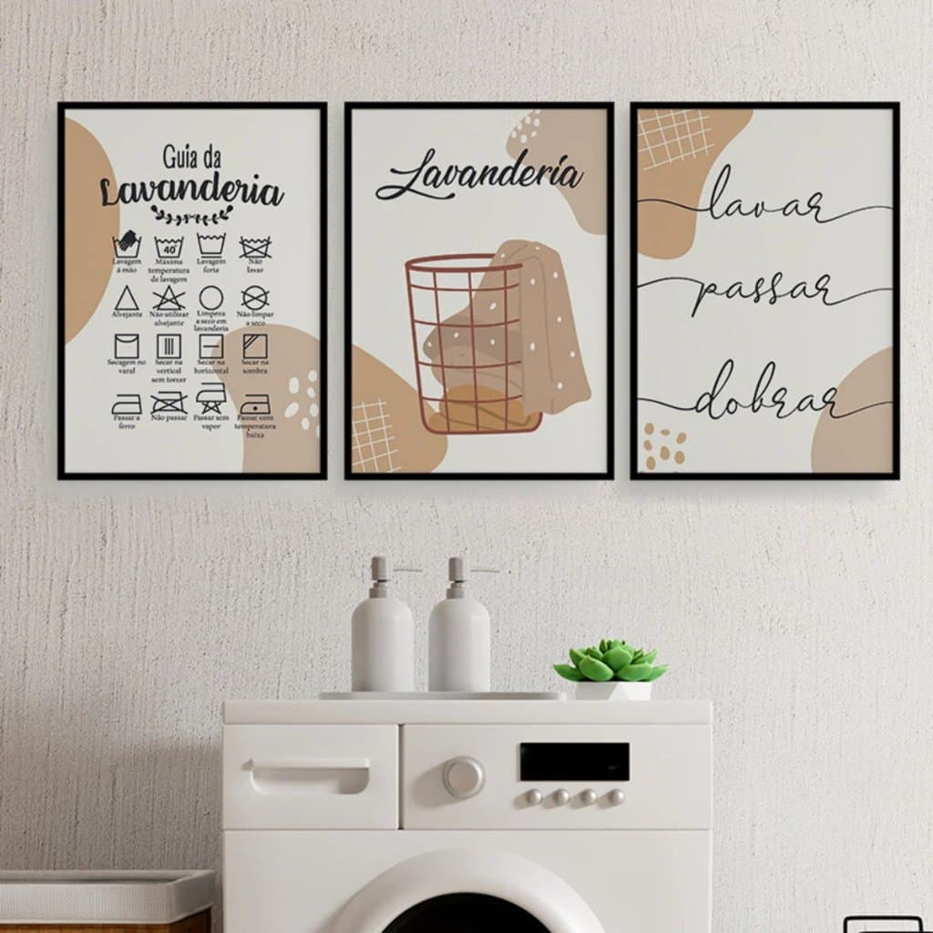 Kit 3 Quadros Decorativos Lavanderia – Decoração Área de Serviço Moderna em MDF