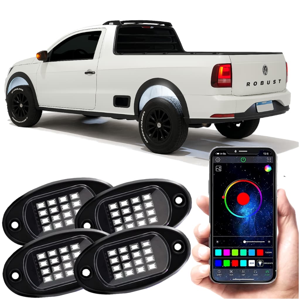 Kit 4 Rock Light Led Enfeite Camionete Luz Caixa de Roda Camioneta Caminhonete S10 Hilux Ranger Ram Saveiro Strada F250