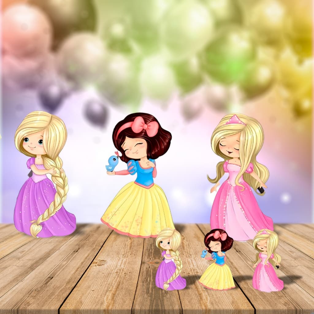 Kit com 6 Totens de Princesas em MDF Aquarela para Decoração de Mesa e Painel em Festa Infantil
