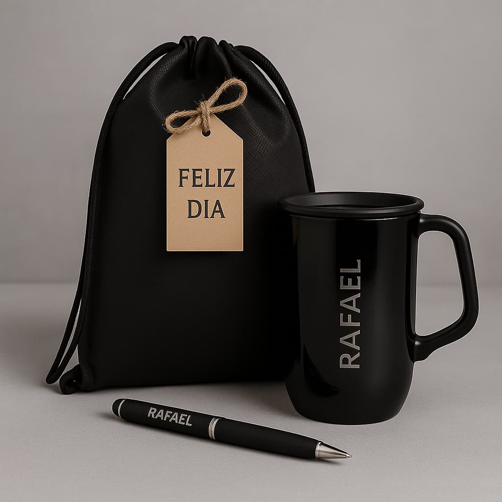 Kit Presente Personalizado – Caneca + Caneta + Mochila Saco | Gravação Nome Presente Pronto Criativo