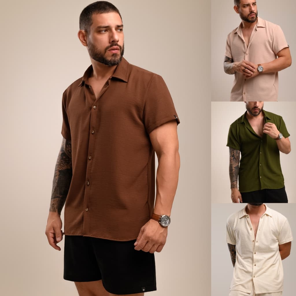 Camisa Masculina Manga Curta Botao Textura Verao Duna Viscose Slim Premium Pré Encolhida