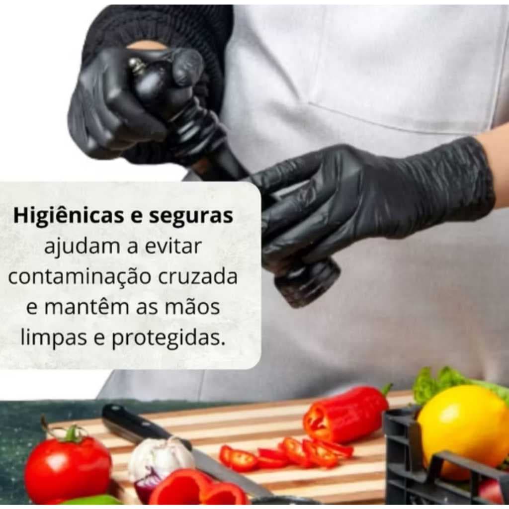 Luvas Vitrilica Descartaveis Profissional Preta sem Pó Uso em Geral Cozinhas, Atendimento 100 Un