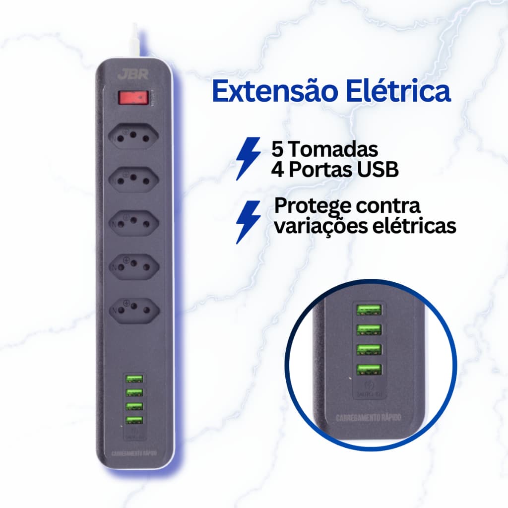 Extensão Elétrica Filtro de Linha 5 Tomadas com 4 Portas USB Bivolt – Praticidade e Carregamento Rápido, Cor Preta