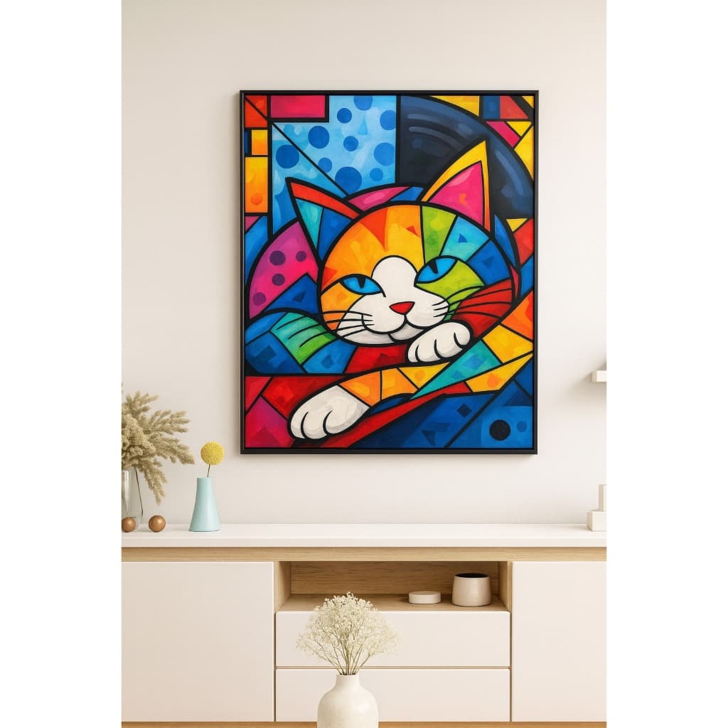 Quadro Decorativo Gato Multicolorido 1 Peça Quarto Sala Cozinha Decoração Perfeita E Moderna