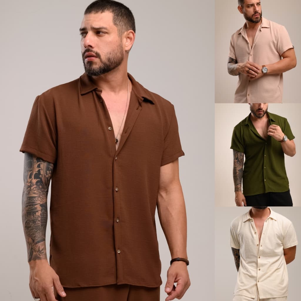 Camisa Masculina Manga Curta Textura Verao Old Money Viscose Slim Premium Casual Praia Estilosa