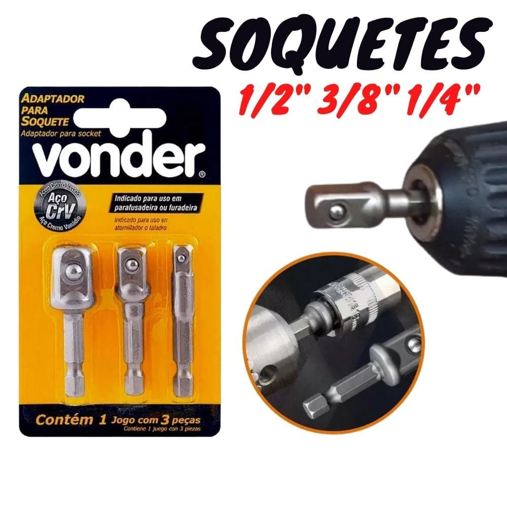 Jogo de Adaptadores para Soquetes 1/4" 3/8" e 1/2" Vonder 3 Peças Parafusadeira CrV Profissional