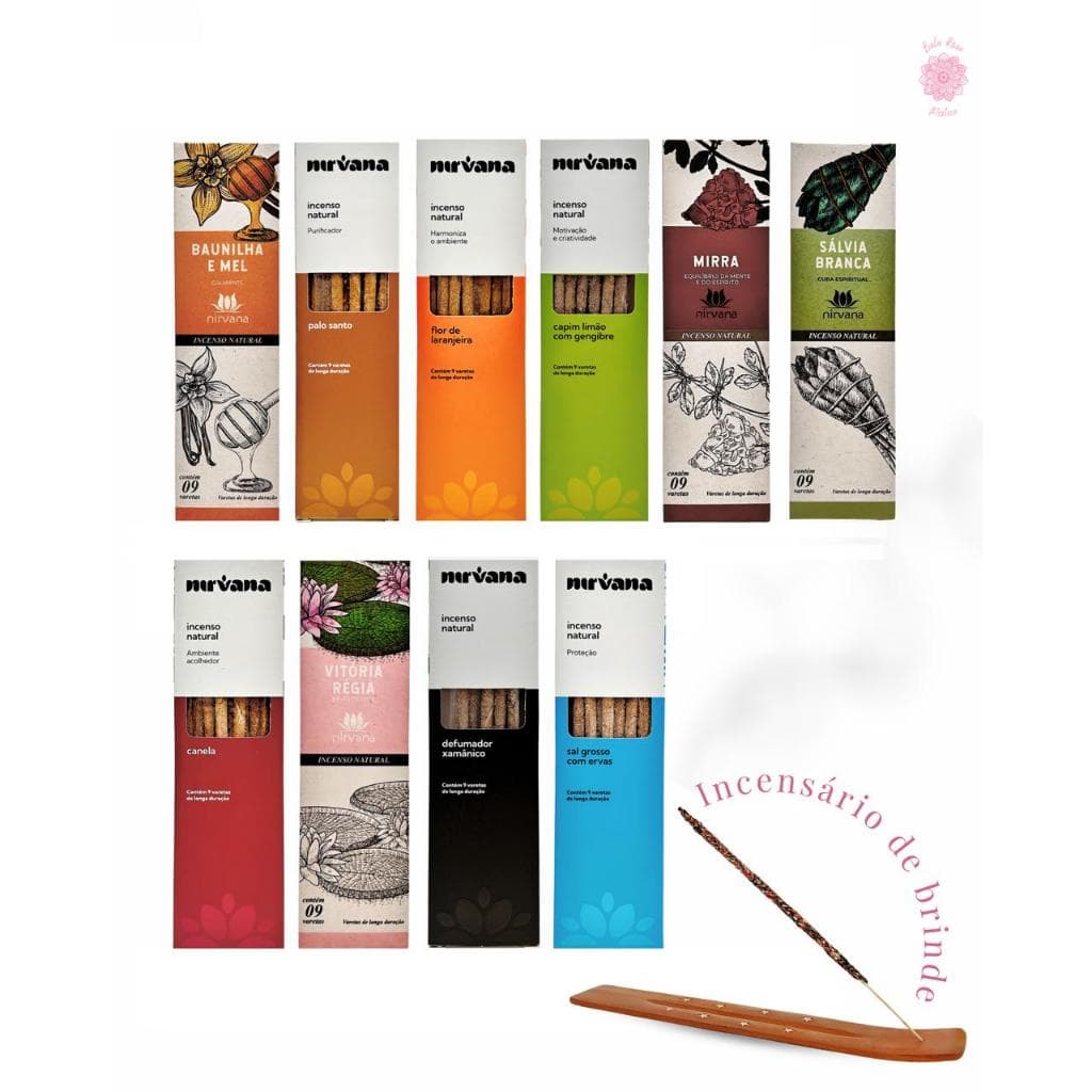 Kit Incenso Nirvana Natural 10 Aromas Unicos Energia Paz Amor Dinheiro Limpeza Saude + Incensario