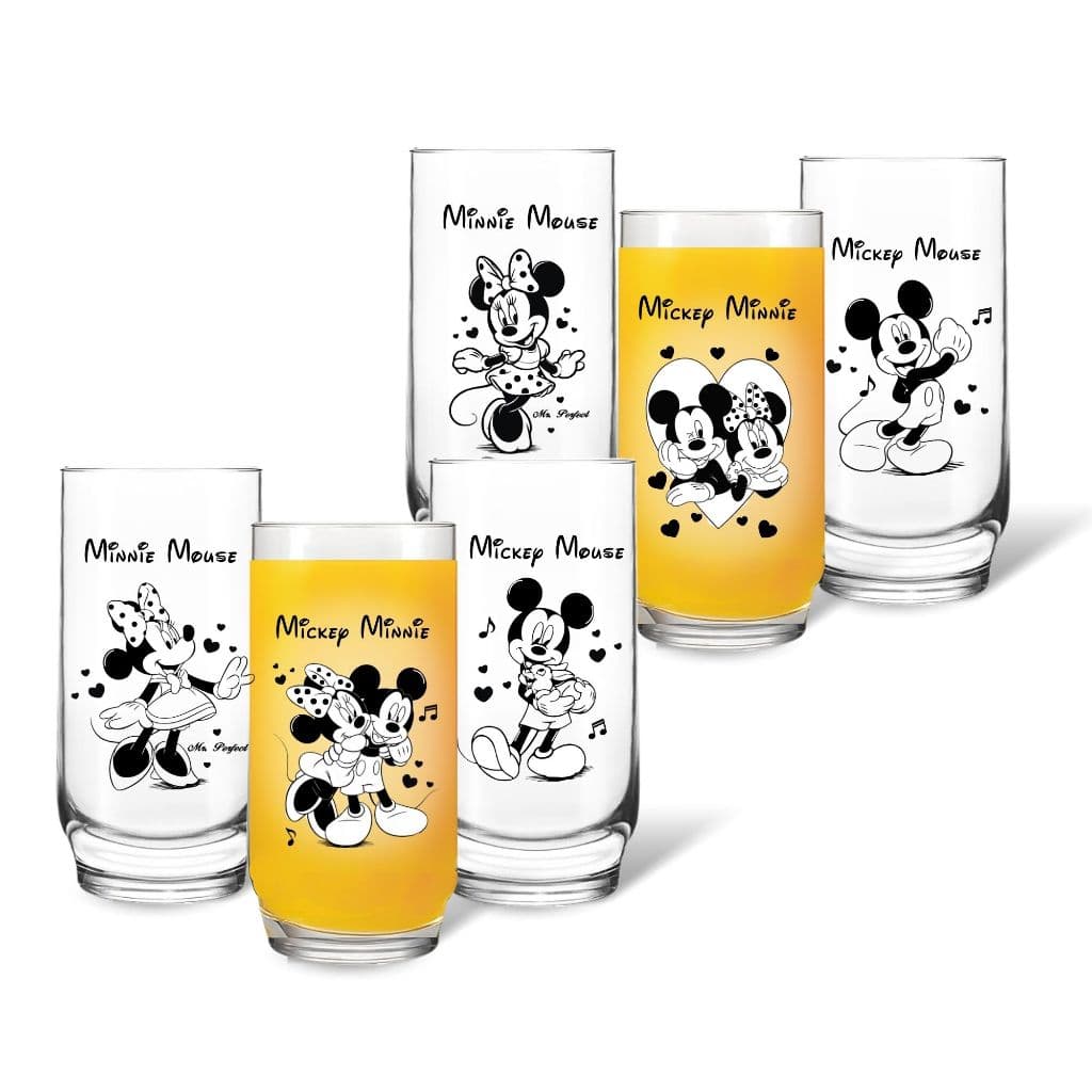 Jogo 6 Copos Personalizados Estampa Mickey e Minnie 300ml Vidro Estampa Alto Relevo Preto Branco