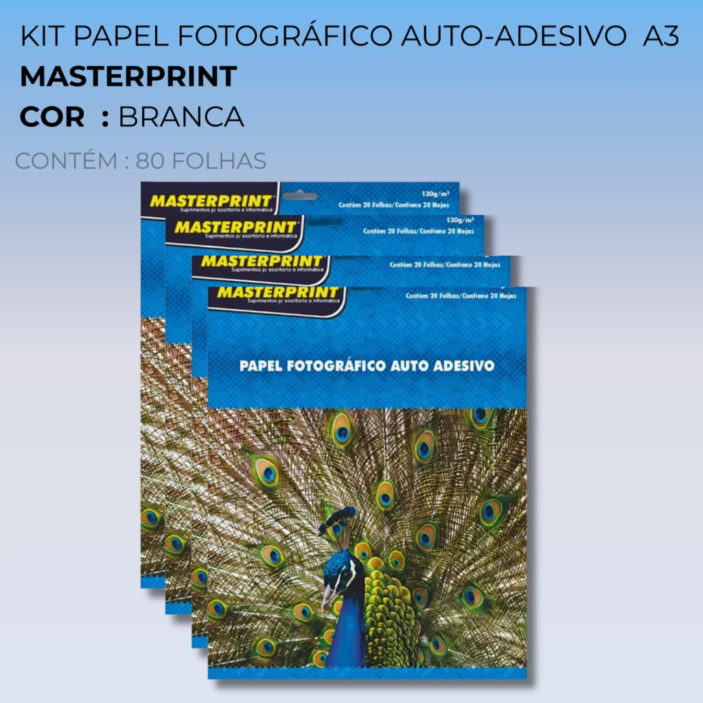 Kit Papel Fotográfico Auto-Adesivo 130g A3 80 Folhas MASTERPRINT