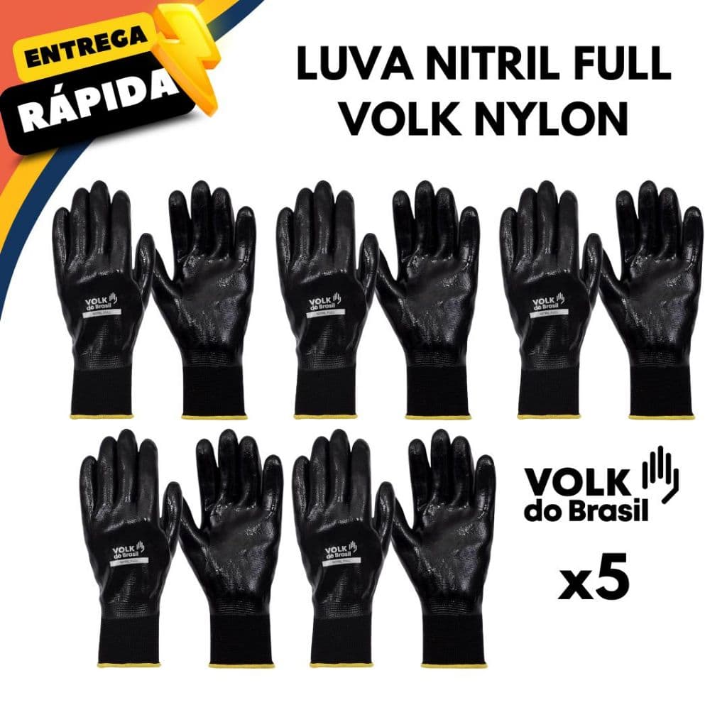 Kit 5 Luva de Proteção Volk Nitril Full Contra Produtos Químicos Óleos Danos Mecânicos Nylon