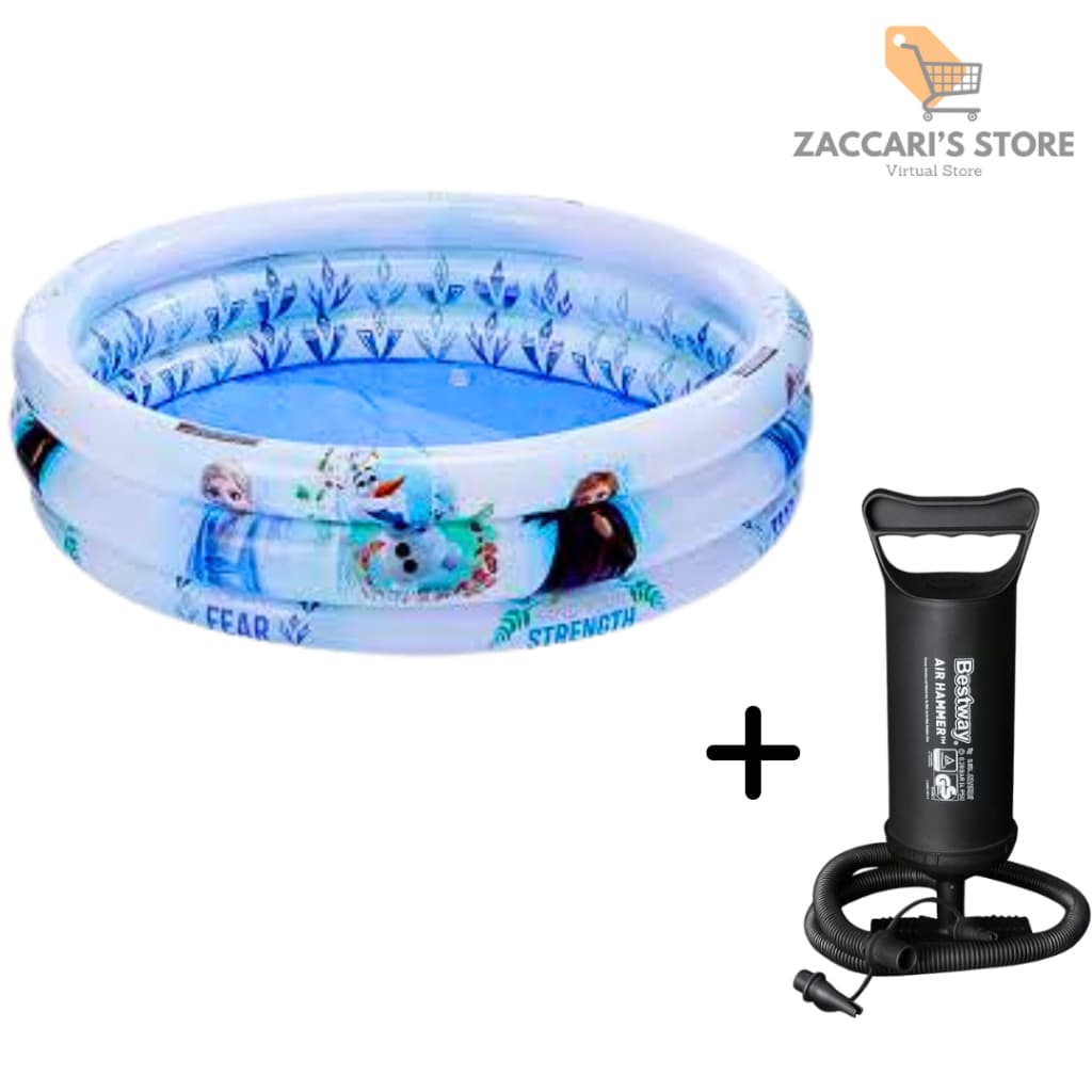 Kit Piscina 100 Litros Infantil Frozen 3 Aneis + Bomba De Encher Para Crianças