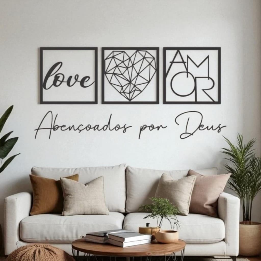 Kit 4 Unidades 3 Quadros Decorativos + Frase Abençoados por Deus - Decoração Sala Quarto Cristã MDF