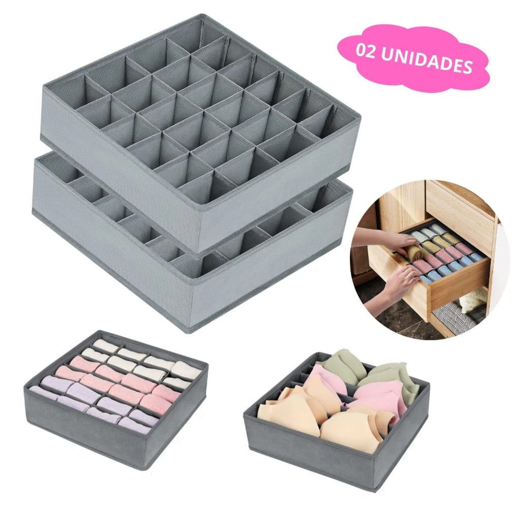 Kit 2 Unidades Organizador de Gavetas em TNT Cinza 32x32x10cm Ideal para Roupas Íntimas e Acessórios