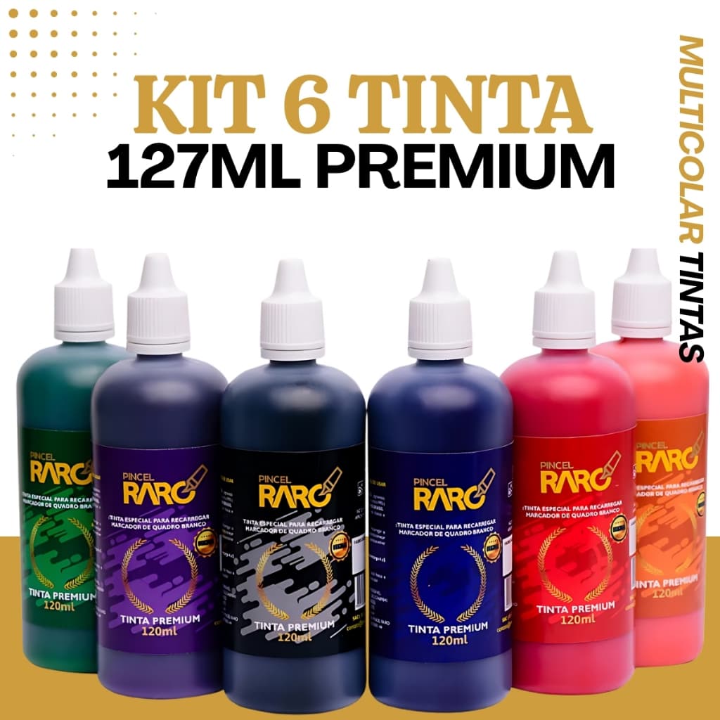 Kit 6 Tintas Marcador Quadro Branco 120ml Cada Pincel Raro - Todas as Cores - Rende centenas de recargas - Não Mancha