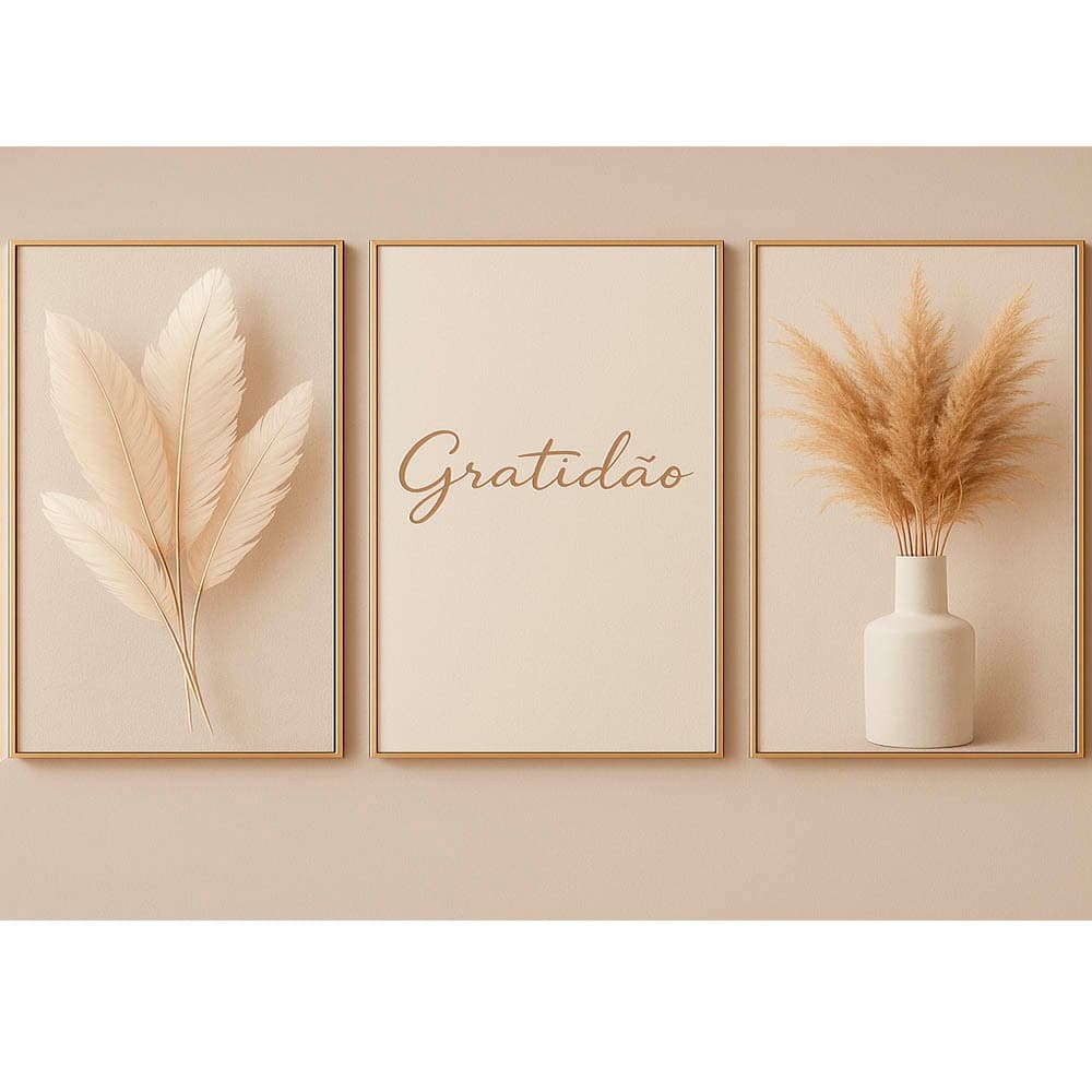 Quadro Decorativos Trio Gratidão Ramo de Trigo Prosperidade Branco Moderno para Sala Hall Escritório