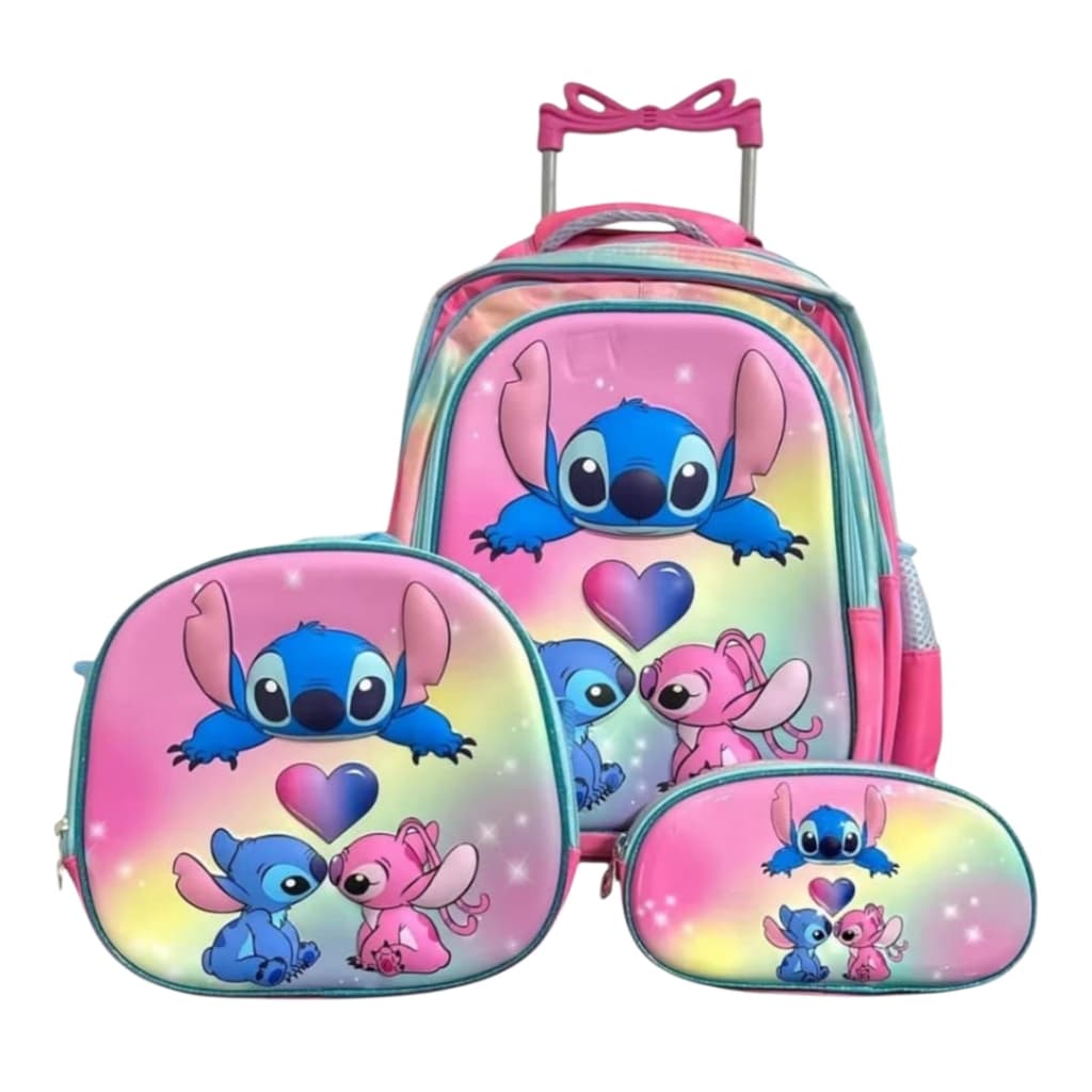 Kit Mochila Infantil Rodinha Feminina  e Stitch Escolar + Lancheira Termica+Estojo
