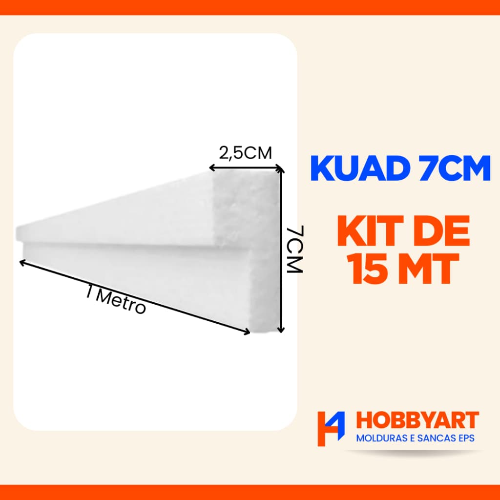 Moldura Roda Teto Isopor Sanca Kit com 15 Metros 7cm de face -  Modelo KUAD 7 2D