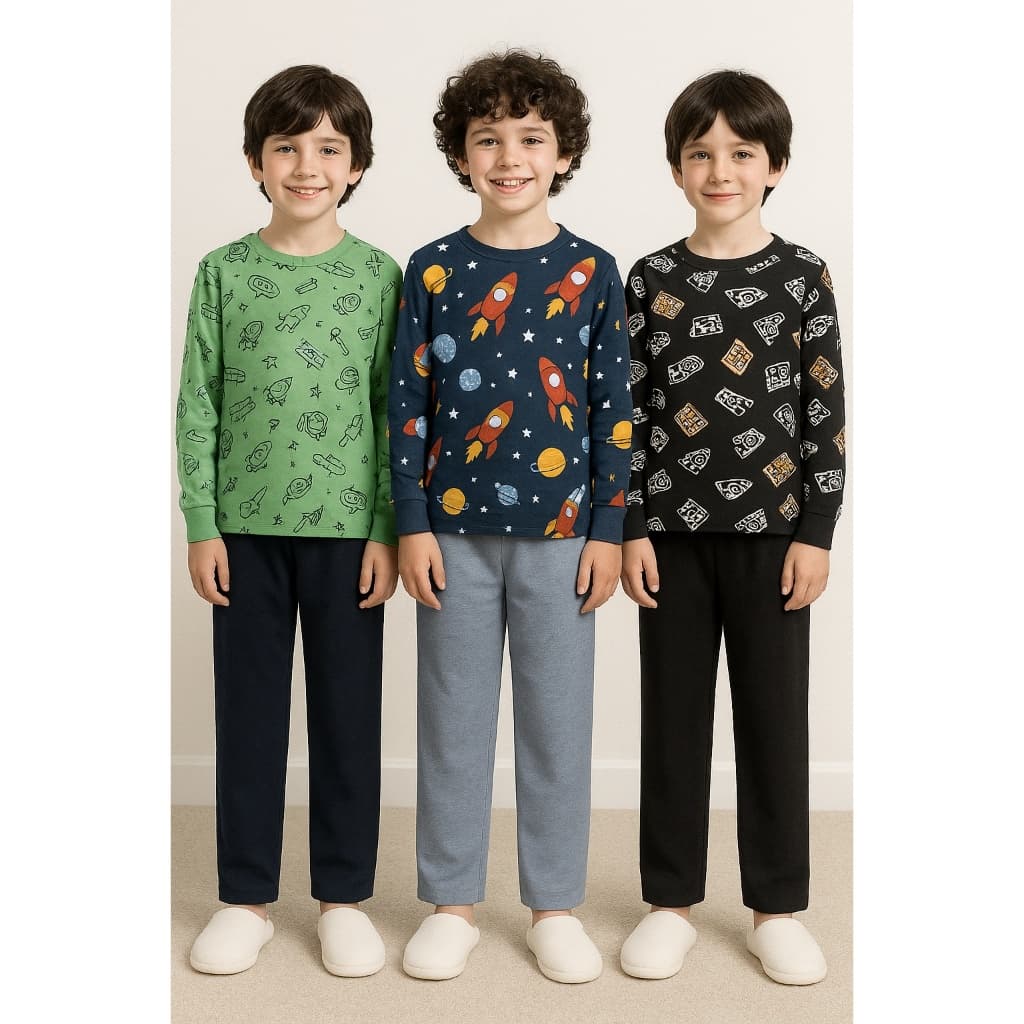 Pijma infantil menino juvenil estampado kit 3 peças lote adolescente algodão 02 ao 12