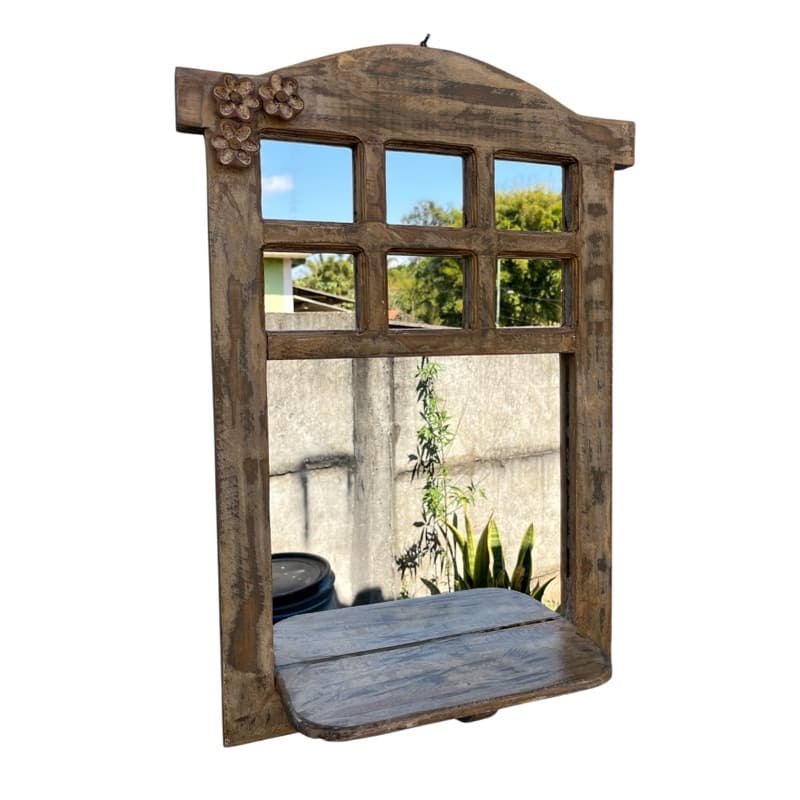 Moldura com Prateleira de Madeira com Espelho Rústico, artesanal, de parede, decorativo, corredores, área