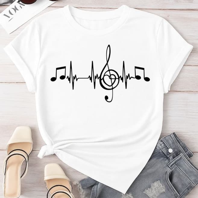 Camiseta Camisa T-shirt Feminina 100%Algodão Estilosa e Retro Estampa de Notas Musicais Delicada