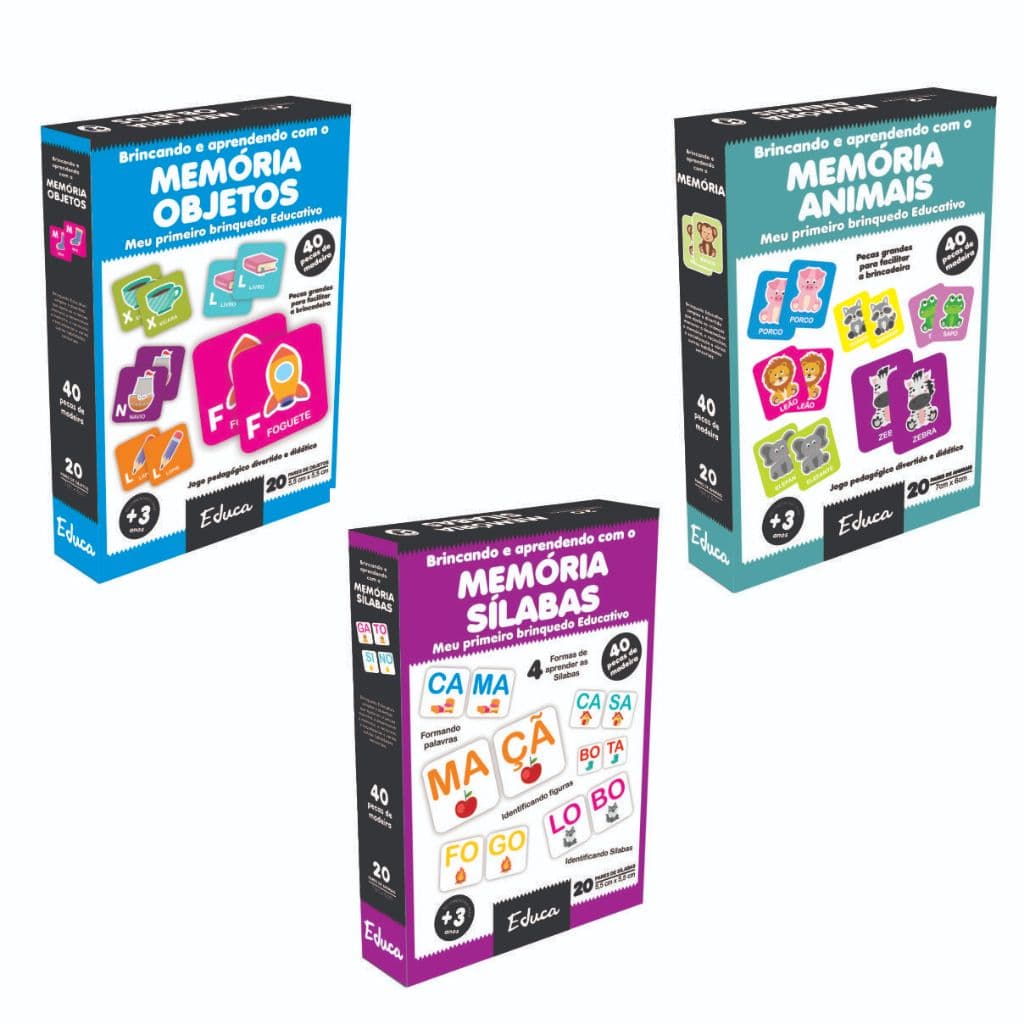 Kit 3 Jogos da Memória Objetos Animais Sílabas Educativo Pedagógico Raciocínio Alfabetização 120 pçs
