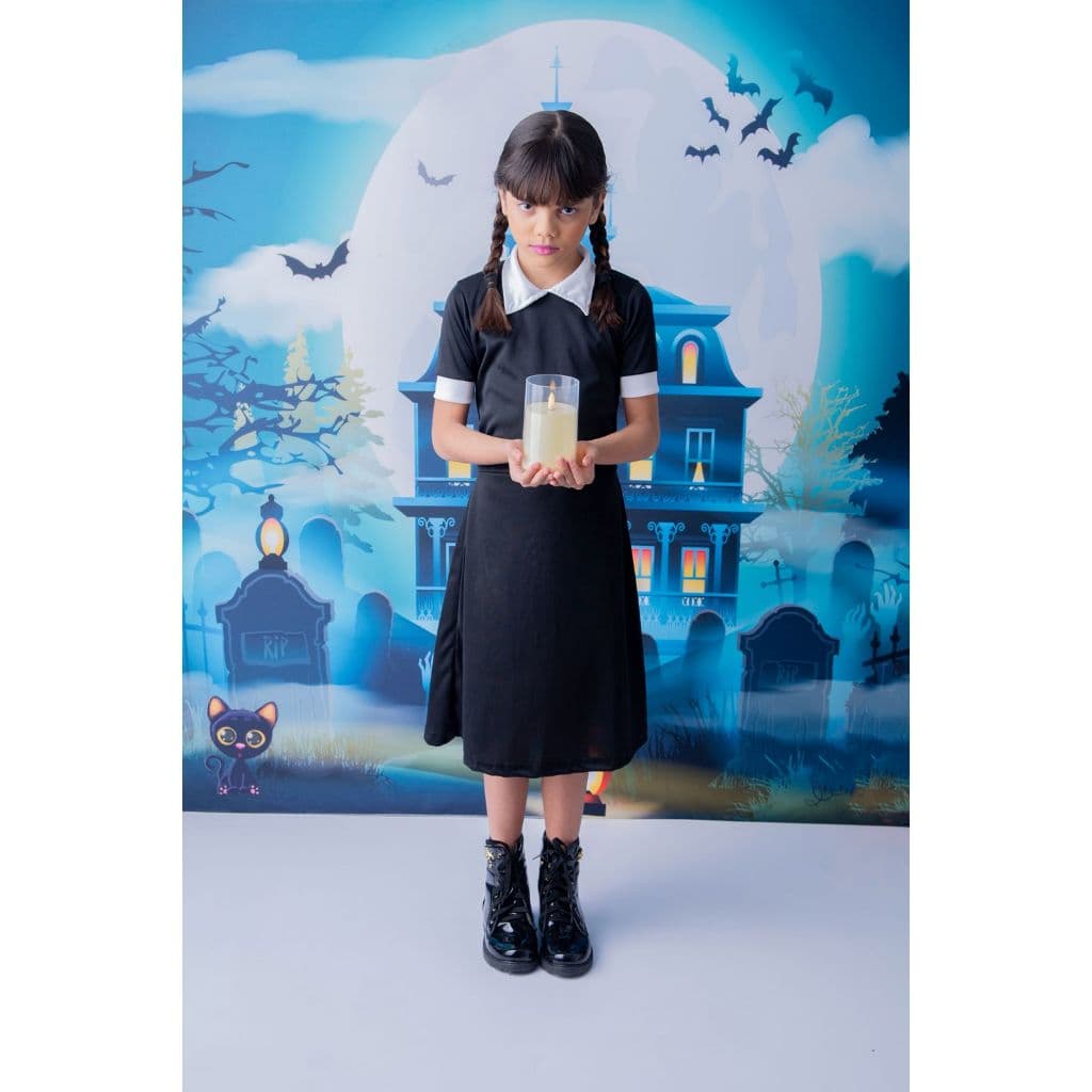 Vestido Wandinha Infantil Fantasia Addams Halloween Festa à Fantasia Aniversário Menina