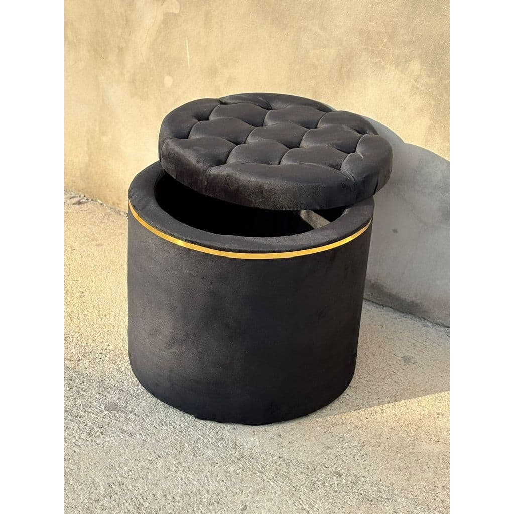 Puff Baú Redondo Decorativo com fita dourada luxuosa