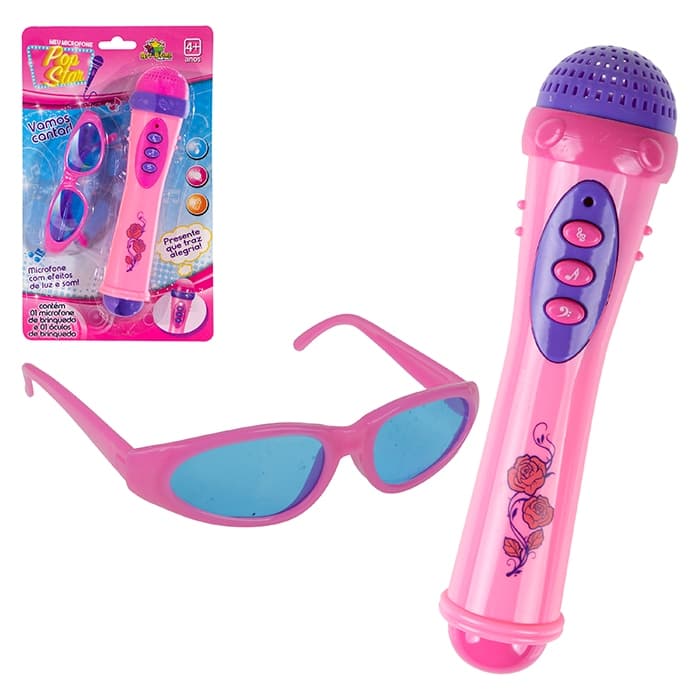 Microfone + Óculos Pop Star Musical Luz Som Karaokê Cantar