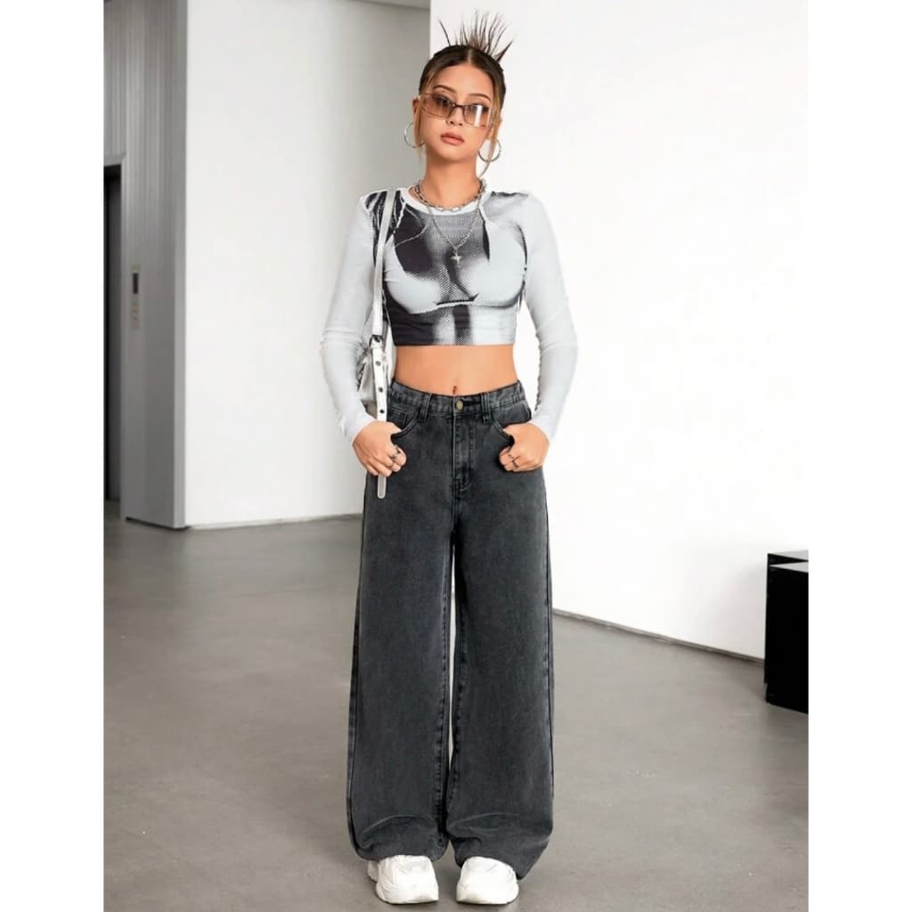 Calça Jeans Wide Leg Grafite Lisa Black Reta Baggy Feminina Infantil Juvenil Com Ajuste Blogueira Lançamento 10-16
