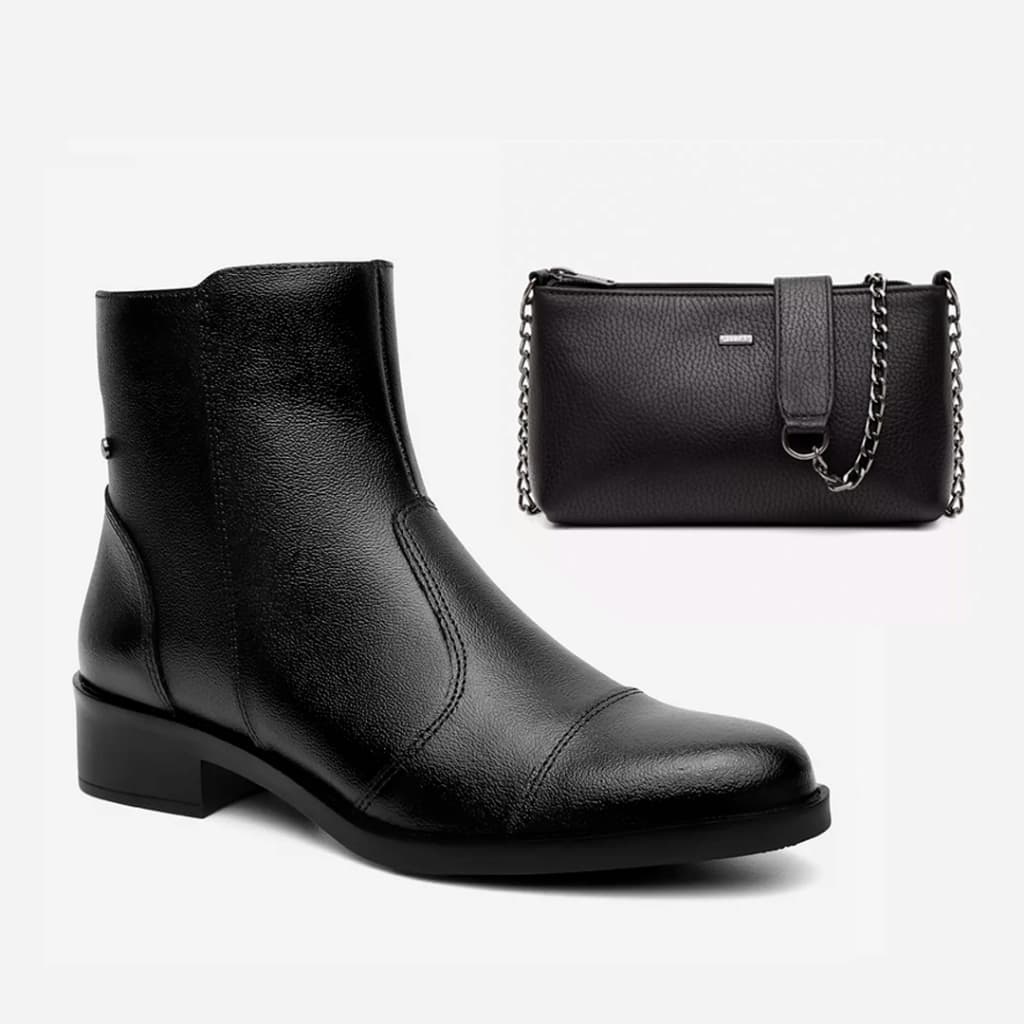Kit Bota Sofia + Bolsa Annelise em Couro Legítimo Preto