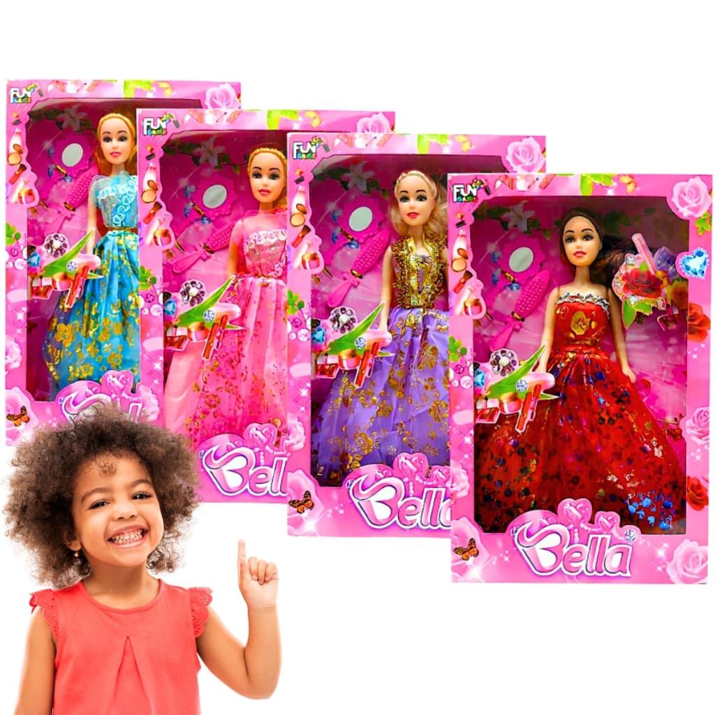 Kit 4 Bonecas Princesa Bella Fashion Atacado com Vestido Acessórios Sapato Presente Brinquedo