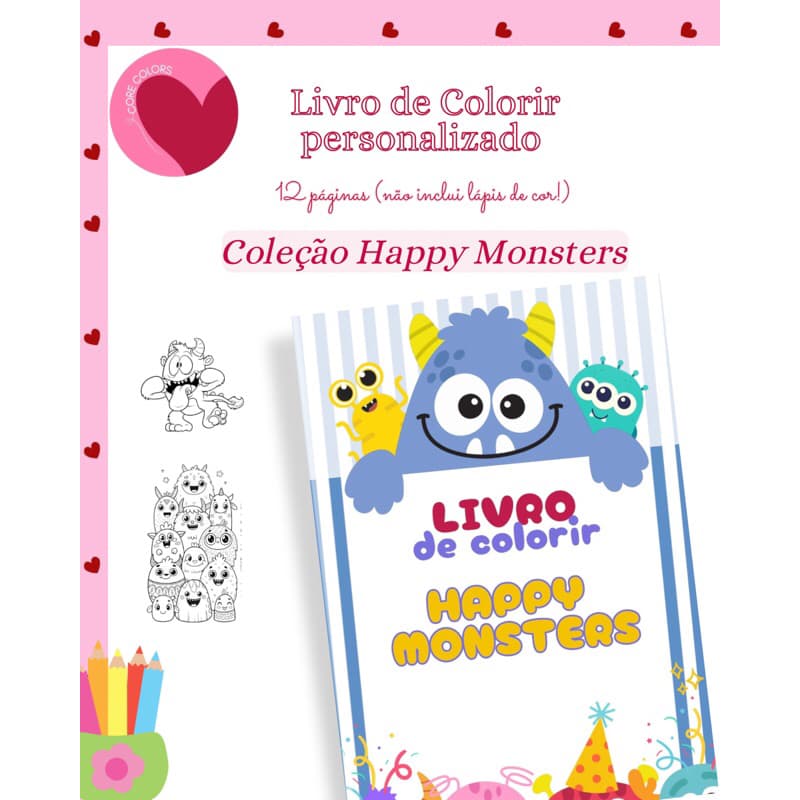 livros de colorir personalizados tema Happy Monsters para lembrancinha ou brinde- kit livro de colorir tema monstros