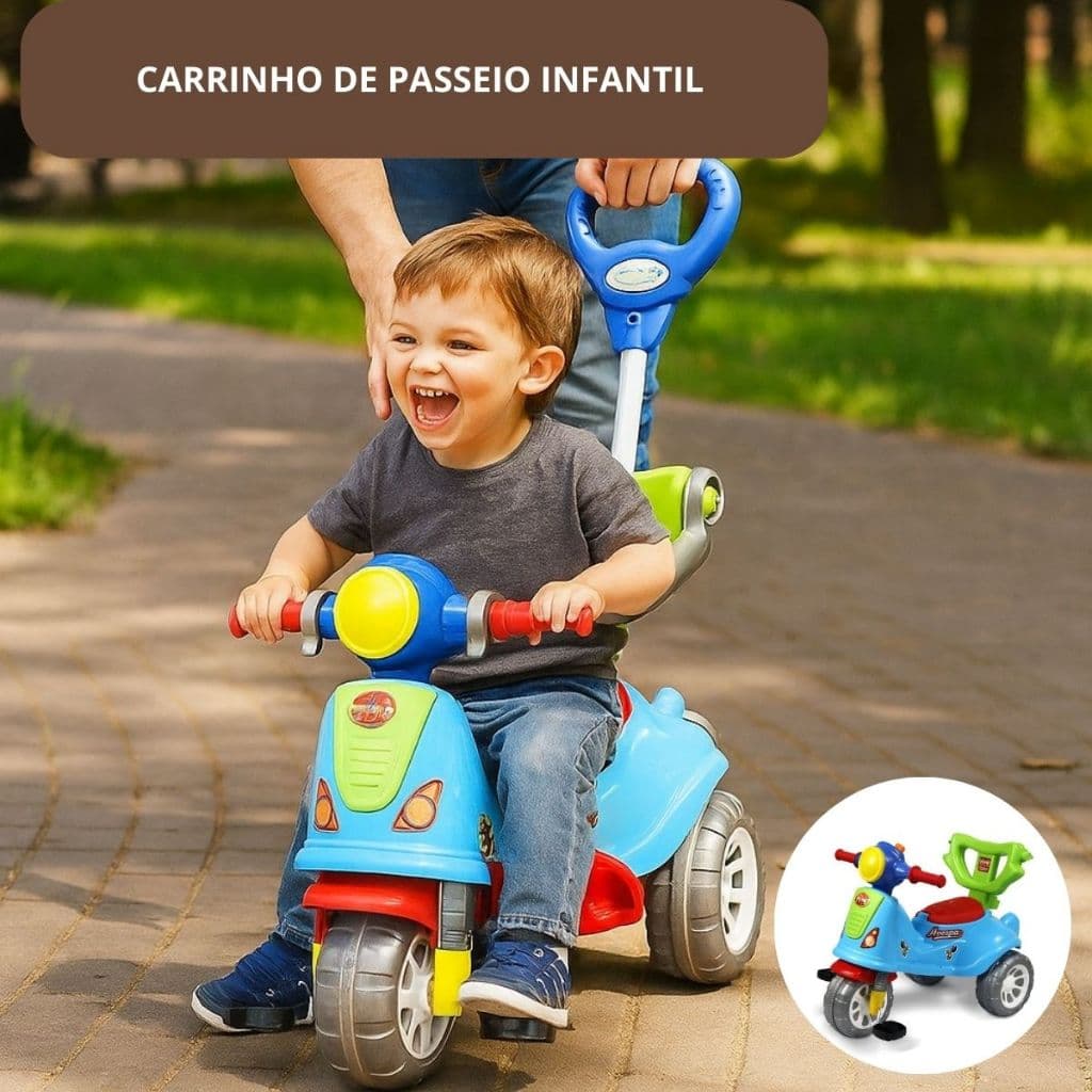 Carrinho de Passeio Infantil Triciclo Motoca com Guia Velocipede Avespa - Colorido