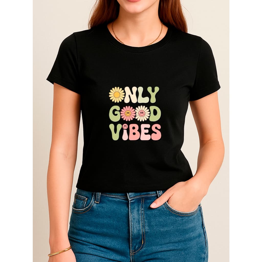 Camiseta Babylook Feminina Estampada 100% Algodão Only Good Vibes Frase Moda Tendência
