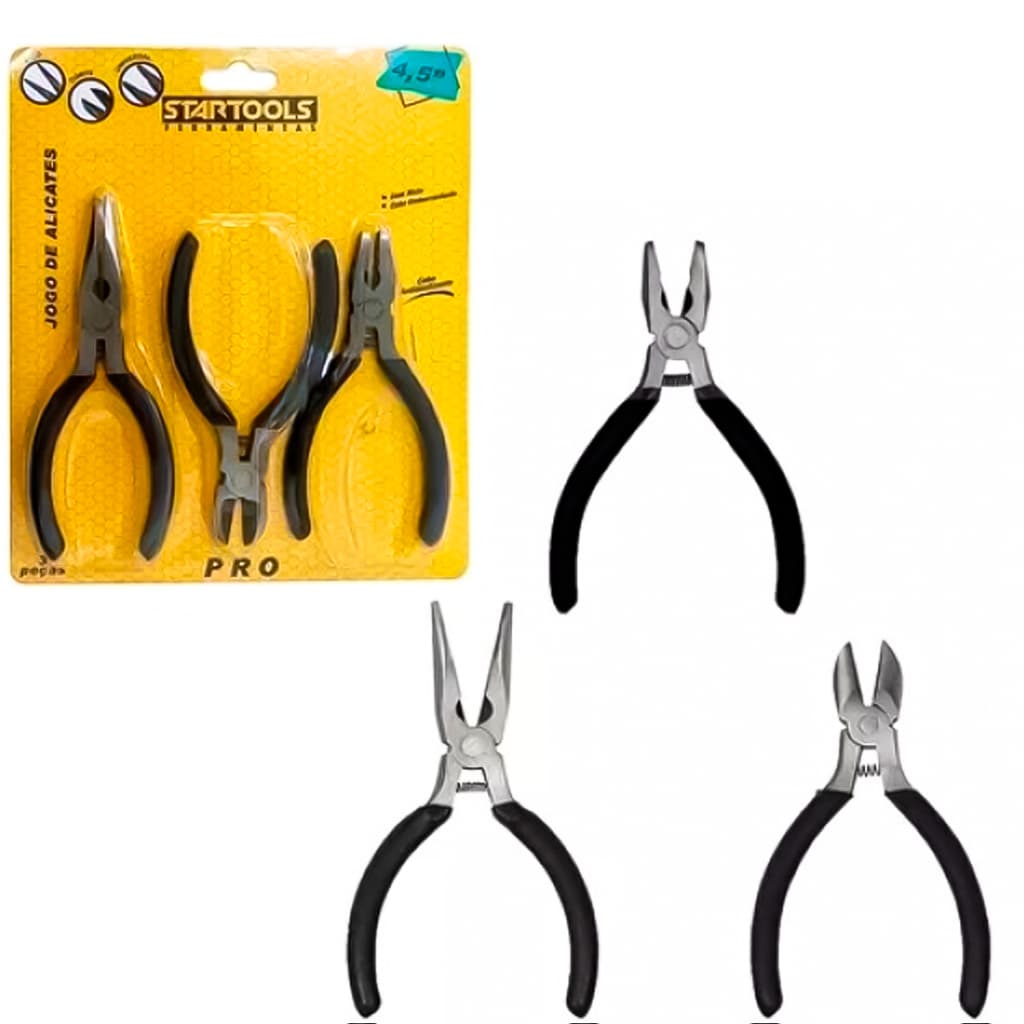 Kit Jogo 3 Mini Alicates Bico Universal E Corte 4,5 Pol. Multiuso Serviços Leves Pequenos Reparos