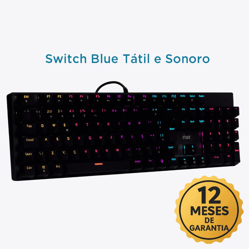 Teclado Mecânico Preto Switch Blue LED RGB ABNT2 Anti-Ghosting, USB, Precisão, Resposta Rápida, Pc