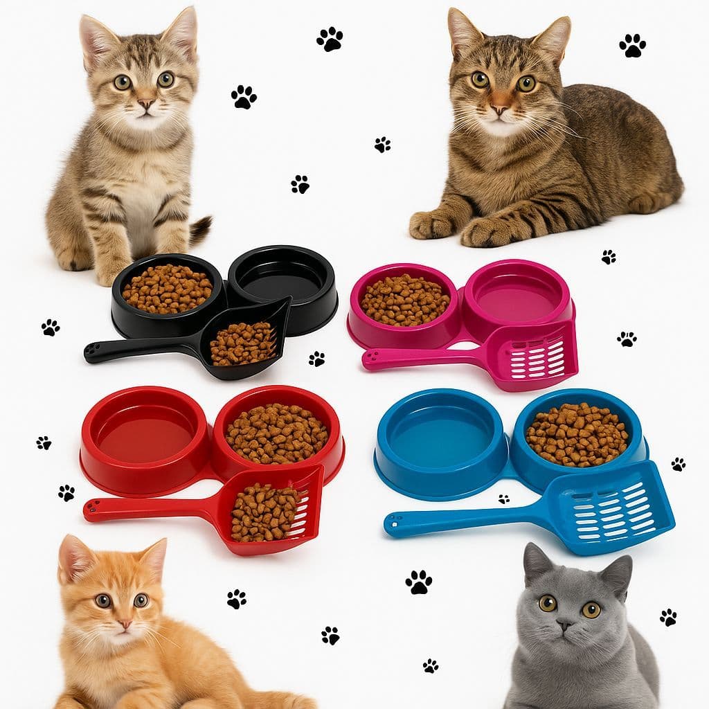 Kit Comedouro para Ração e Água + Pá Higiênica– Gato e cachorro.