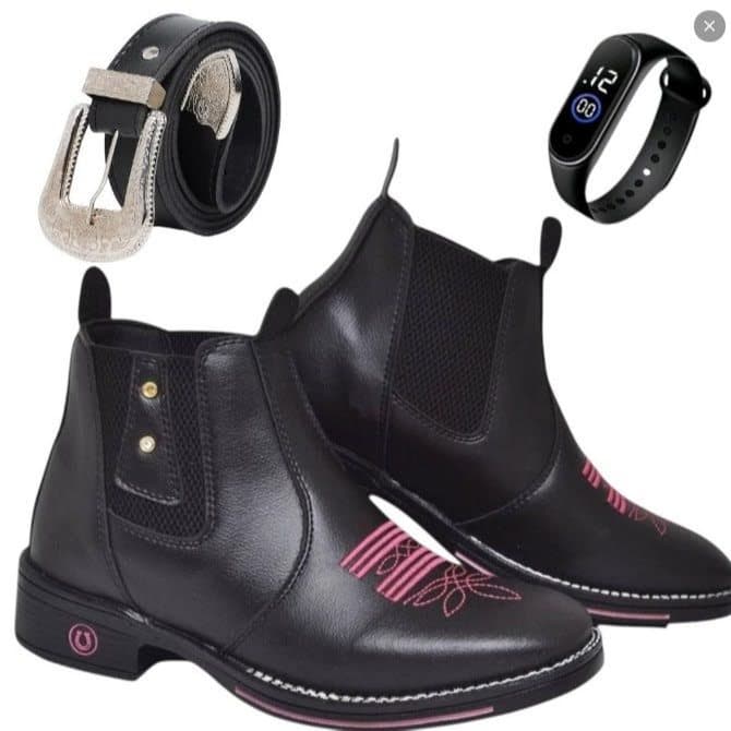 Botina Femininas De Alto Conforto Na Moda Country Bordada De Rosa Com Cinto Liso