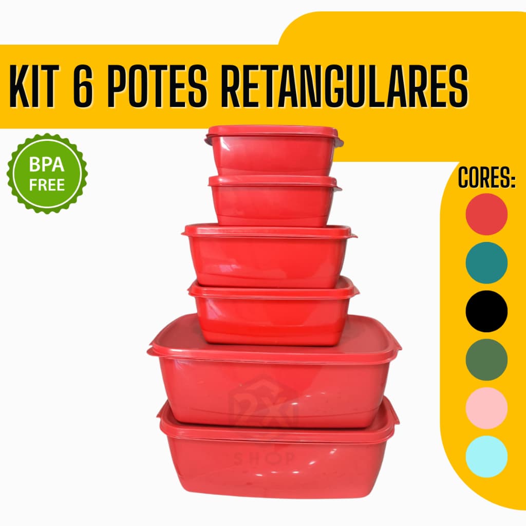 Kit 6 Potes Tipo Tupperware Retangulares Armazenamento Marmita Freezer/Micro-ondas Sem BPA