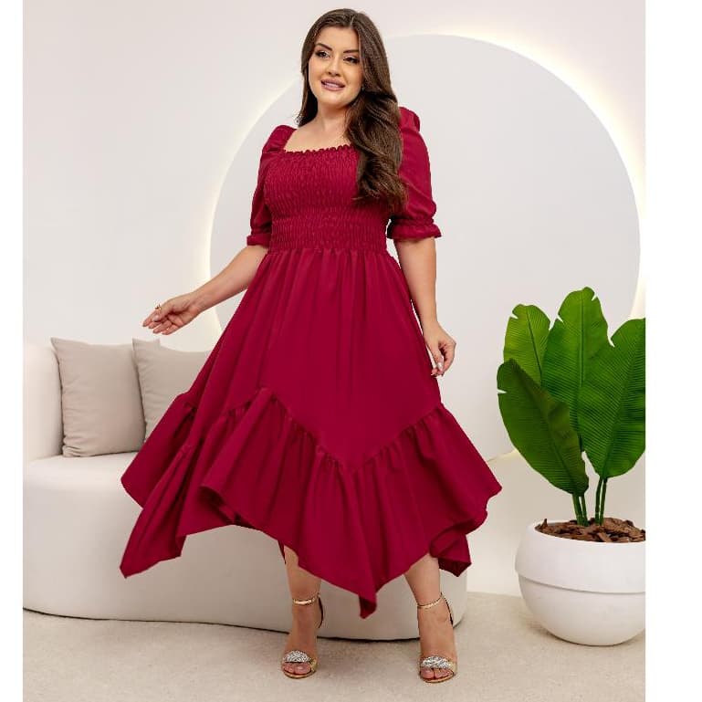 Vestido Feminino  Luxo Elastex moda evangélica com Manga Bufante Liso