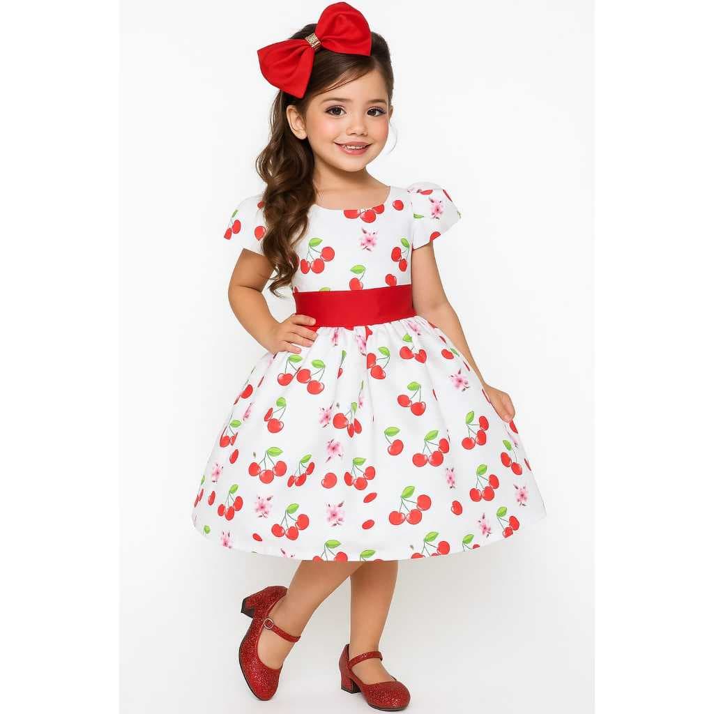 Vestido Cerejinha Cereja Natal Festa Infantil + Laço Cabelo