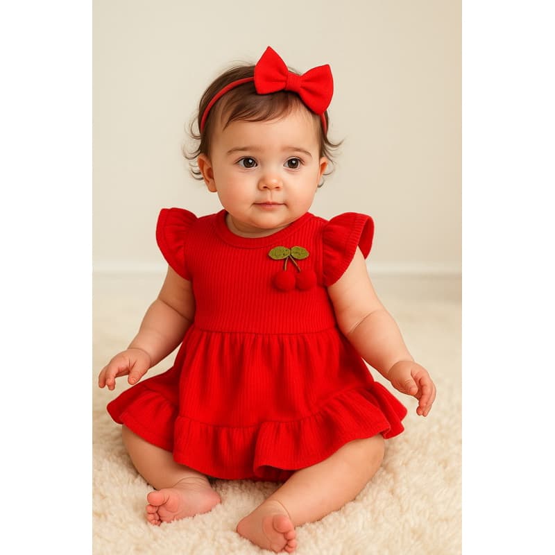 Vestido de bebe menina vermelho com detalhe de cerejinha, vestido vermelho de bebe