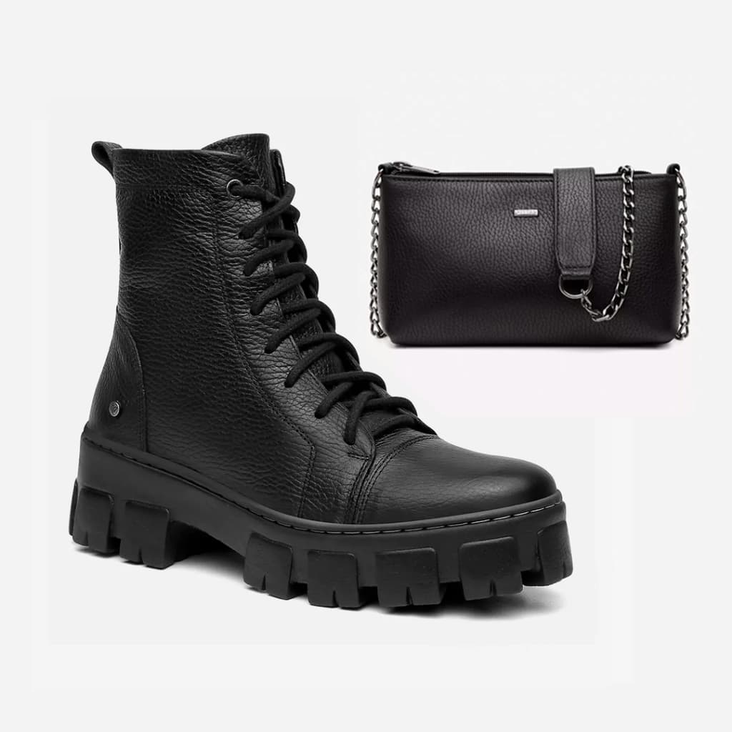 Kit Bota Coturno Buckle + Bolsa Annelise Preta Couro Legítimo