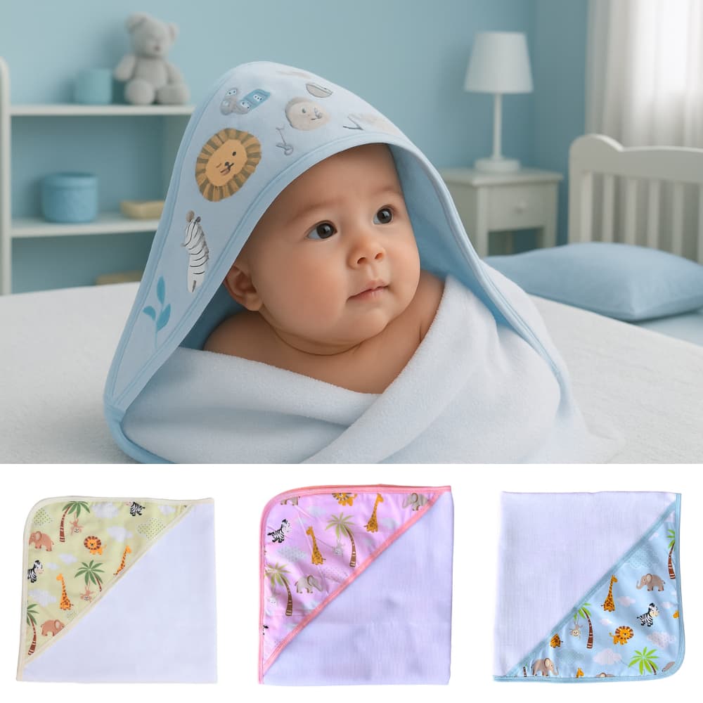 Toalha De Banho para Bebê Recém Nascido com Capuz Forro Fralda 70x70cm Estampa Safari Menina Menino
