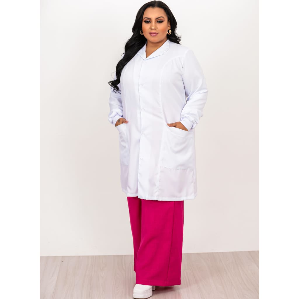 Jaleco Feminino Gola Padre com Botões e Manga Longa com Punho - O Melhor Gabardine Qualidade Premium