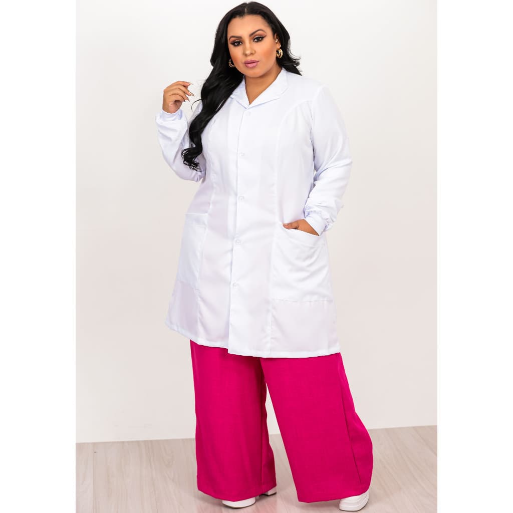 Jaleco Feminino Gola Padre com Botão e Manga Longa com Punho - Gabardine Qualidade Premium Plus Size