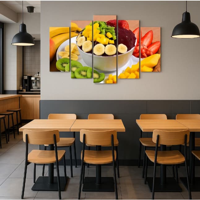 Quadro Decorativo Tigela De Açaí Com Frutas Mosaico 5 Peças Para Açaíteria