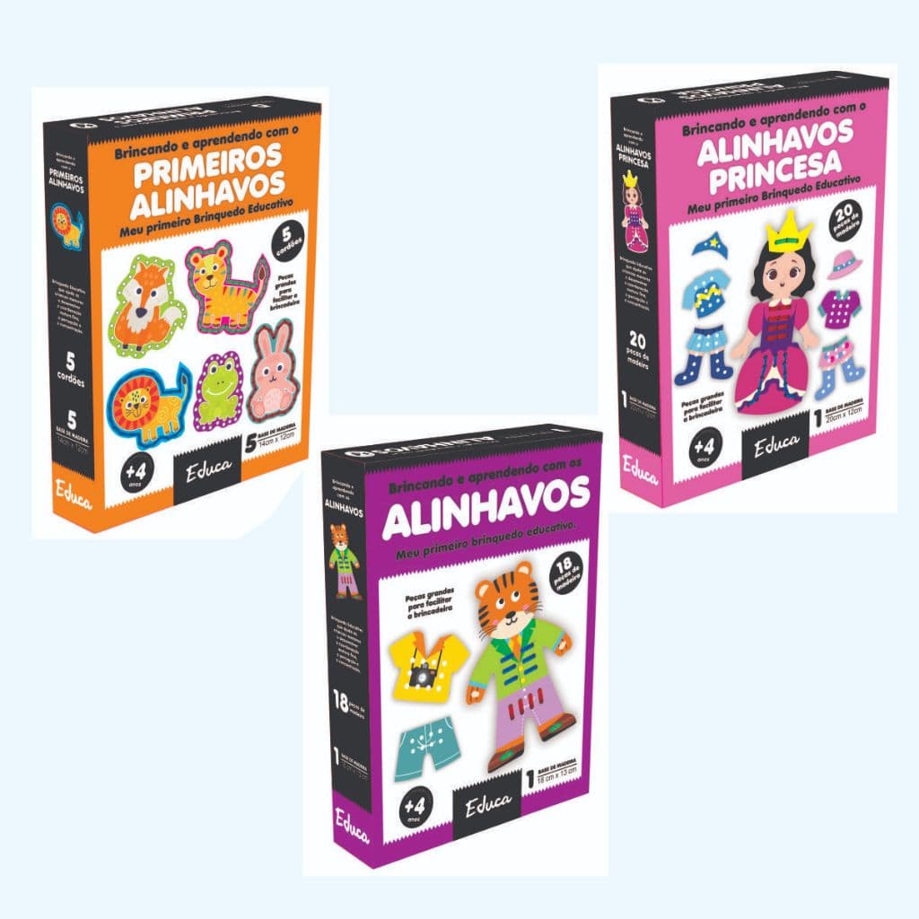 kit 3 Alinhavos Animais Tigrinho e Princesa Educativo Pedagógico Alfabetização em MDF Montessori